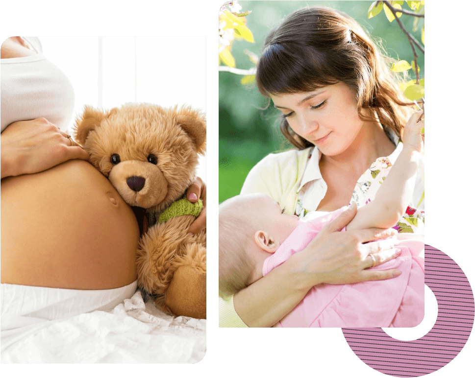 Teddy on a pregnant Women and Young mother breastfeeding her baby